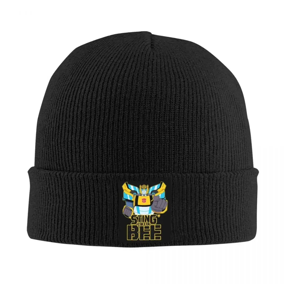 Bonnet noir avec motif Bumblebee stylisé, bras levés, texte jaune, style cartoon – Transformers.