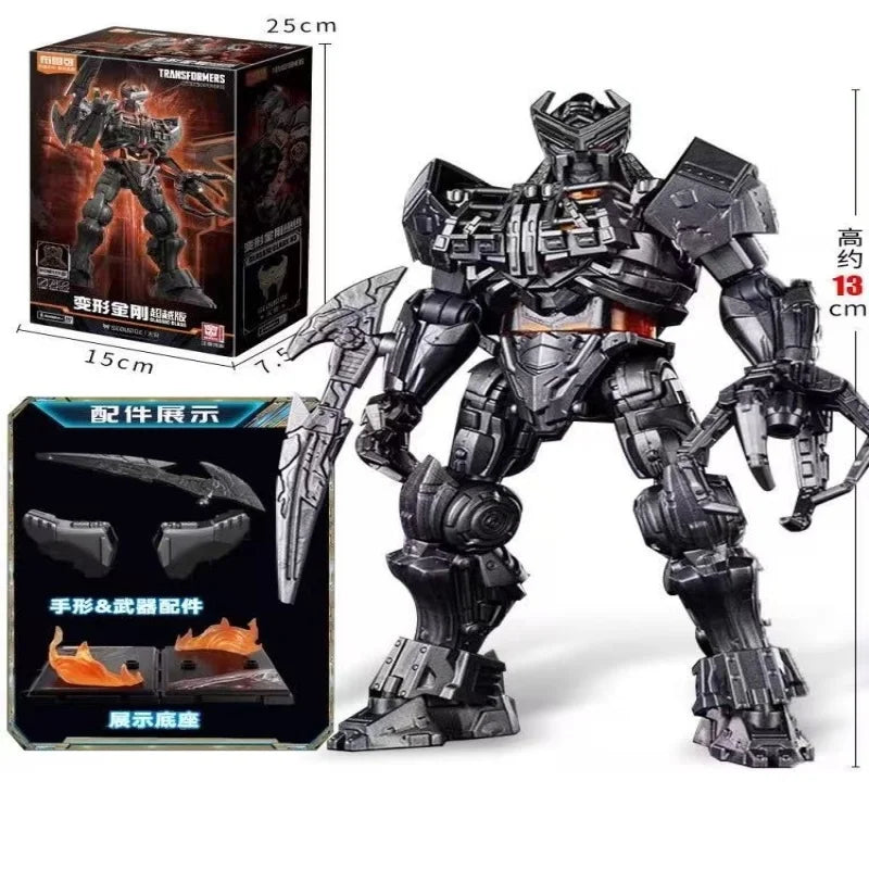 Action figure Transformers Scourge con lama colossale — versione grigia, confezione con scheda tecnica