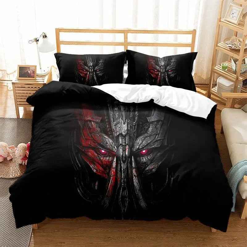 Parure de lit noire avec tête de robot Transformers aux yeux rouges, style sombre — Transformers.