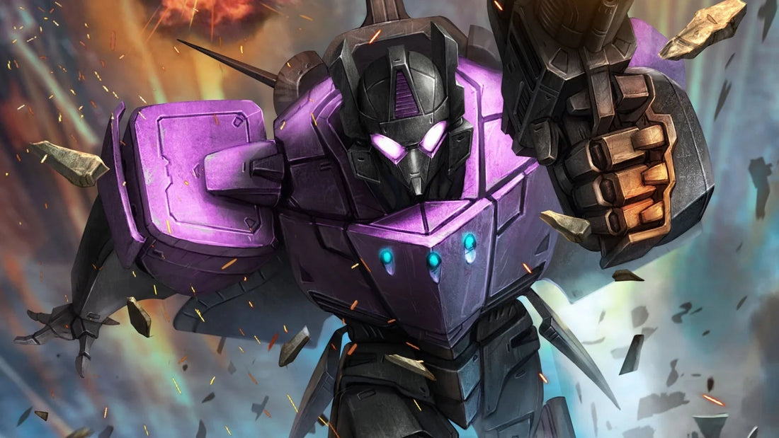 Robot violet Combaticon avec épaule massive, poing levé et fond explosif – Transformers.