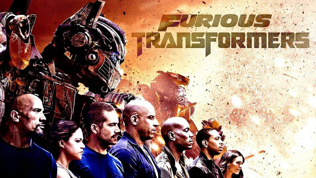 Affiche montrant un robot Transformer géant et divers personnages devant un décor explosif – Transformers.