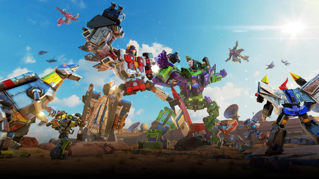Deux robots géants Transformers s’affrontent, entourés de robots colorés en plein décor désertique – Transformers.
