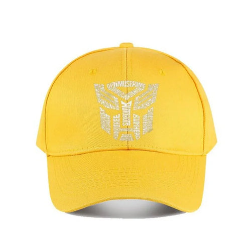 Casquette jaune avec logo Autobots en texte blanc au centre, style moderne – Transformers.