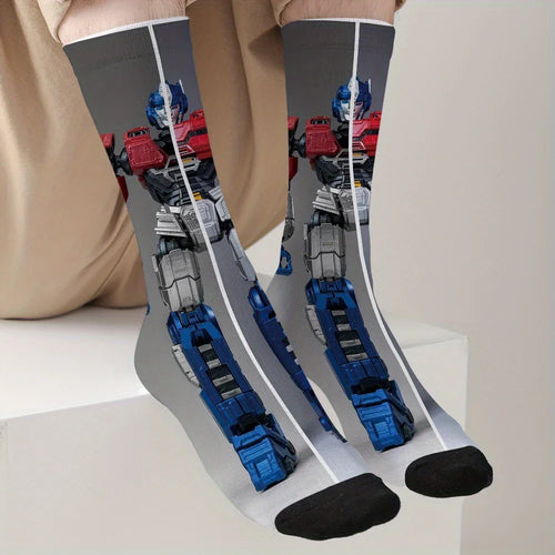 Chaussettes grises avec motif Optimus Prime en position debout, style coloré – Transformers.
