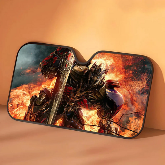 Parasole Transformers Optimus Prime Fiamme Arancioni — Protezione solare per auto, spada sollevata