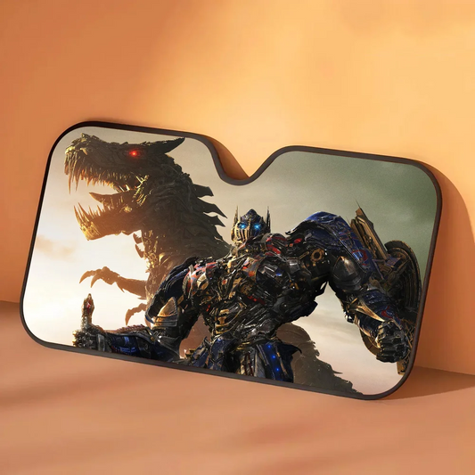 Parasole Transformers Optimus Prime Contro il Drago — Protezione solare per auto, scena notturna