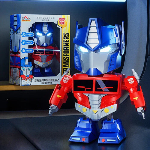 Jouet robot Optimus Prime bleu et rouge avec boîte, yeux lumineux, décor futuriste – Transformers.