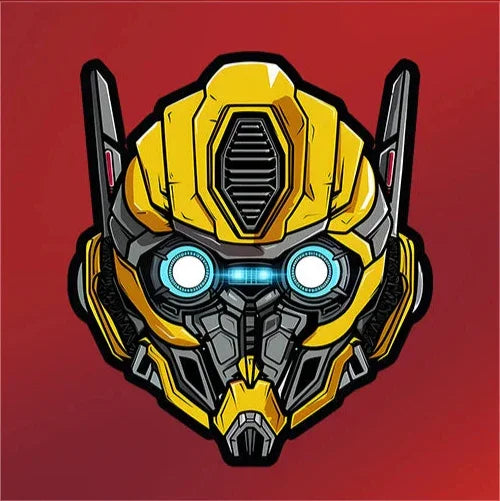 Visuel du casque de Bumblebee jaune, yeux lumineux, style dessin sur fond rouge – Transformers.