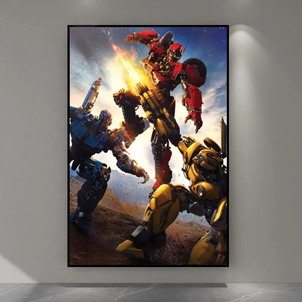 Affiche murale Transformers avec trois robots colorés en pleine bataille, fond ciel et lumière – Transformers.