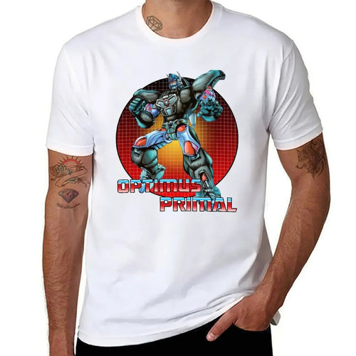 T-shirt blanc avec impression Optimus Primal robot en action sur fond rouge et orange – Transformers.