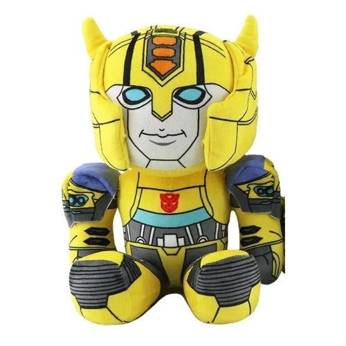 Peluche jaune Bumblebee assise, yeux bleus, style robot, détails gris et rouges – Transformers.