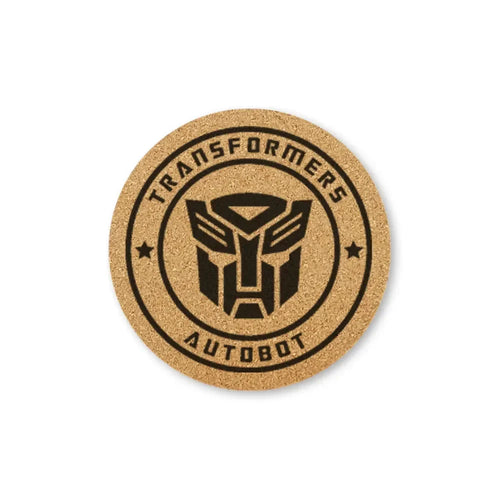 Dessous de verre rond en liège avec logo Autobot noir et texte Transformers – Transformers.
