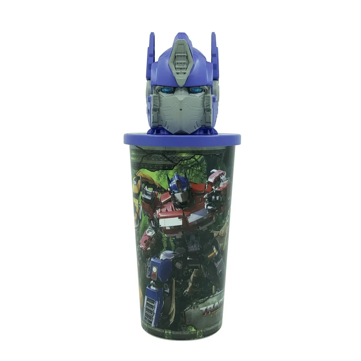 Gobelet avec couvercle tête de robot, décor Optimus Prime, couleurs vives, style futuriste – Transformers.
