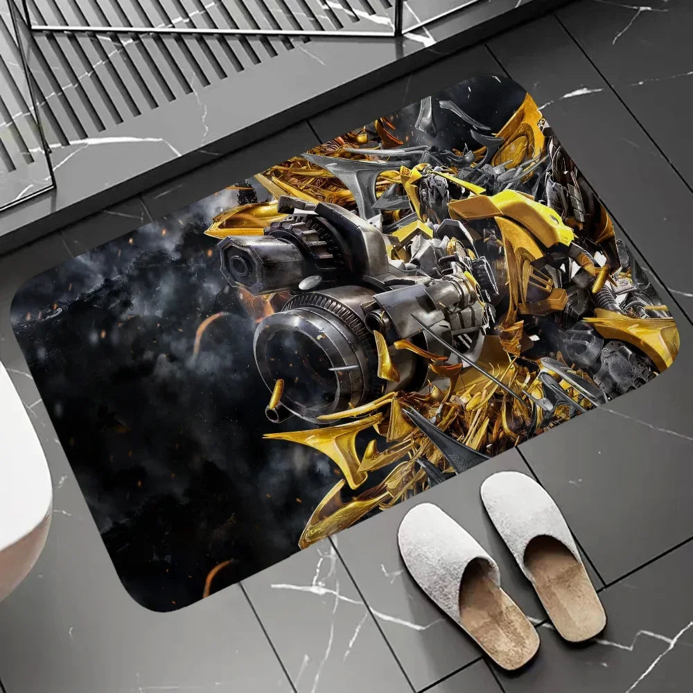 Tapis de bain antidérapant avec robot jaune style mécanique sur fond noir industriel – Transformers.