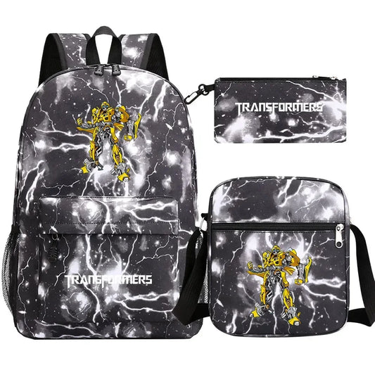 Ensemble sac à dos, sacoche et trousse noirs motif éclair, Bumblebee jaune au centre – Transformers.