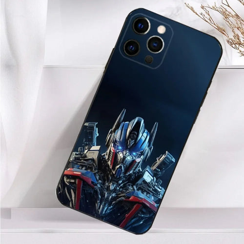 Coque de téléphone noire avec illustration du robot Optimus Prime, fond bleu sombre – Transformers.