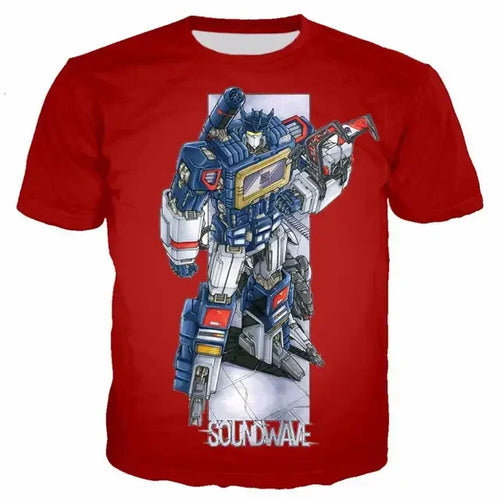 T-shirt rouge avec illustration de Soundwave, robot bleu argent stylisé sur fond blanc – Transformers.