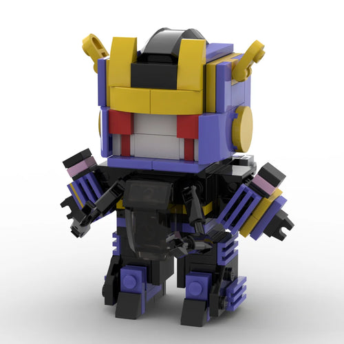 Figurina Transformers Helex versione IDW — carnefice Decepticon in mattoncini viola e gialli