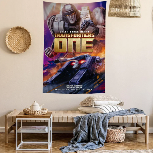 Affiche Transformers One avec un robot gris menaçant et un char futuriste en action – Transformers.
