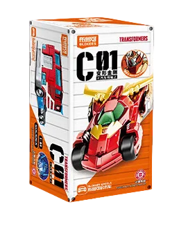 Minifigurina Transformers auto da corsa rossa — Formato compatto con visiera verde