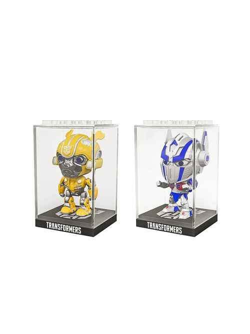 Figurines Transformers en boîte, Bumblebee jaune et robot blanc et bleu, présentation vitrine – Transformers.