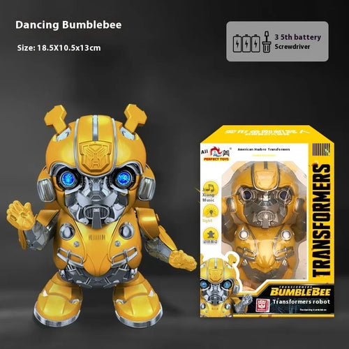 Jouet Bumblebee jaune articulé avec yeux lumineux, boîte d’origine, fond noir – Transformers.
