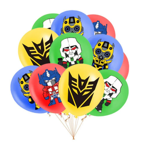 Ballons colorés avec dessins de robots et logos sur fond blanc, style cartoon – Transformers.