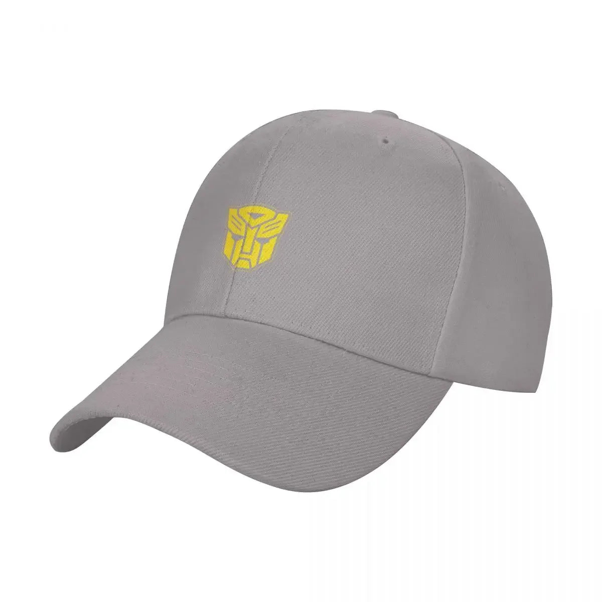 Casquette grise avec logo jaune Autobots sur le devant, fond uni – Transformers.
