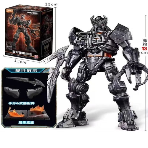 Action figure Transformers Scourge con lama colossale — versione grigia, confezione con scheda tecnica