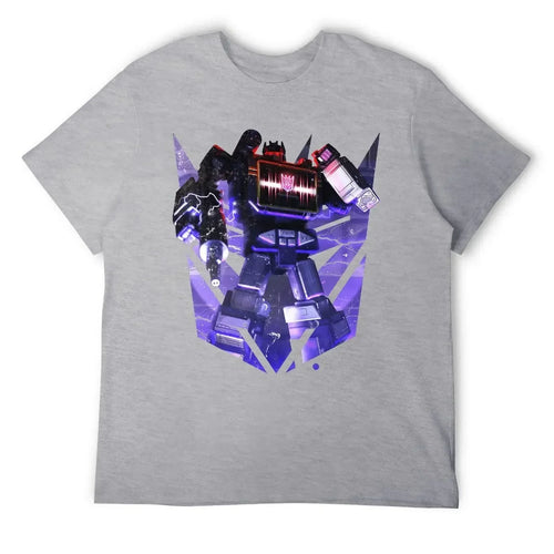 T-shirt gris avec robot Soundwave noir violet, posture puissante, fond éclairs et logo – Transformers.