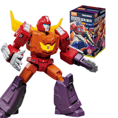 Action figure Transformers Hot Rod — testa a fiamma dorata, guerriero arancione e viola