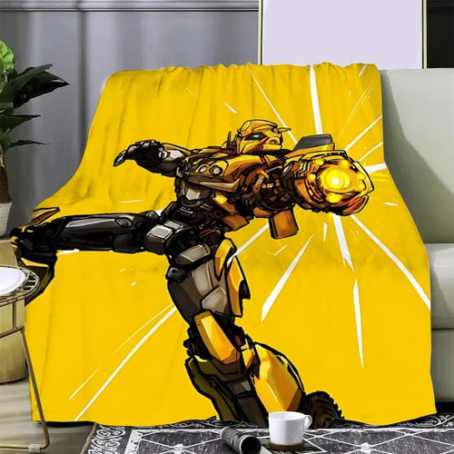 Plaid jaune avec robot Bumblebee, posture dynamique, rayon lumineux, style cartoon – Transformers.