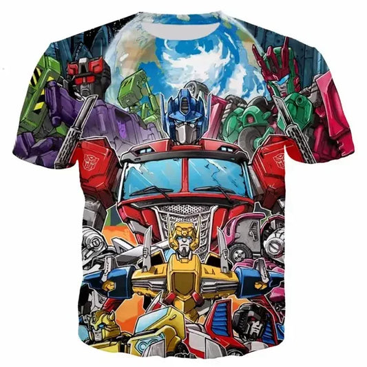 T-shirt Transformers avec Optimus Prime et Autobots colorés, fond planète, style dessin animé – Transformers.