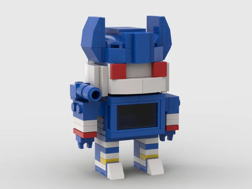Figurina Transformers Soundwave classico in mattoncini — blu e bianco, cassetta integrata