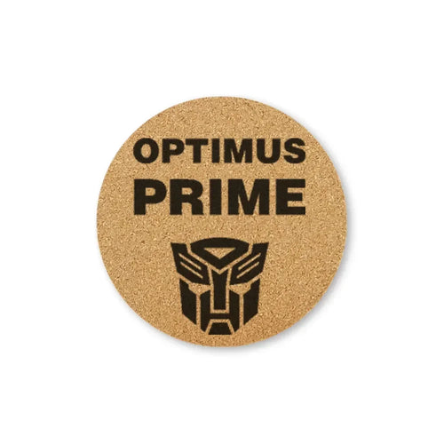 Dessous de verre rond en liège, texte Optimus Prime et logo noir stylisé – Transformers.