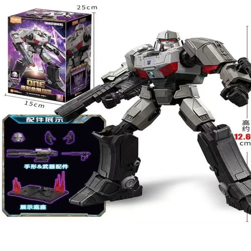 Action figure Transformers Megatron curvo, versione grigia — confezione con scheda tecnica Decepticon