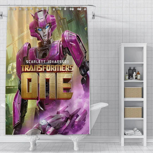 Rideau de douche Transformers ONE, robot rose métallique debout, décor futuriste lumineux – Transformers.