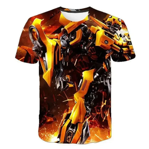 T-shirt enfant avec grand visuel 3D de Bumblebee jaune en action, fond orange éclatant – Transformers.