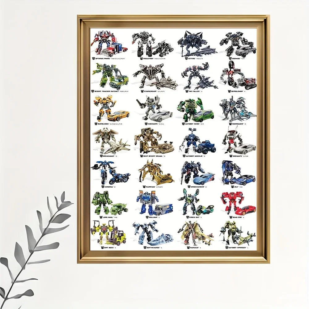 Affiche encadrée avec illustrations de robots Transformers colorés sur fond blanc – Transformers.