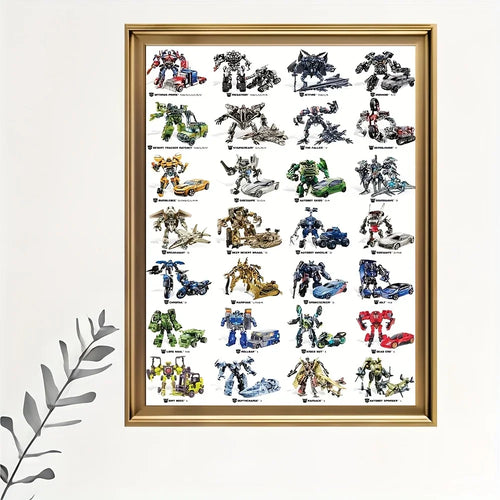 Affiche encadrée avec illustrations de robots Transformers colorés sur fond blanc – Transformers.