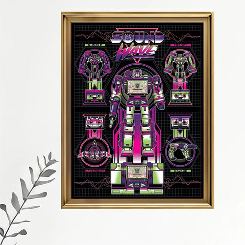 Affiche robot Soundwave néon, posture debout, schémas détaillés, cadre doré – Transformers.